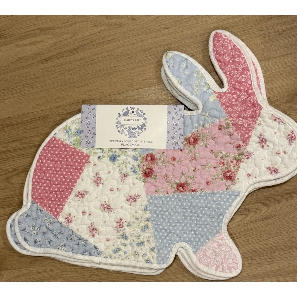 SHABBY CHIC Set of 4 Woven Bunny Rabbit Patchwork Placemeats 15 by 17"/NWT